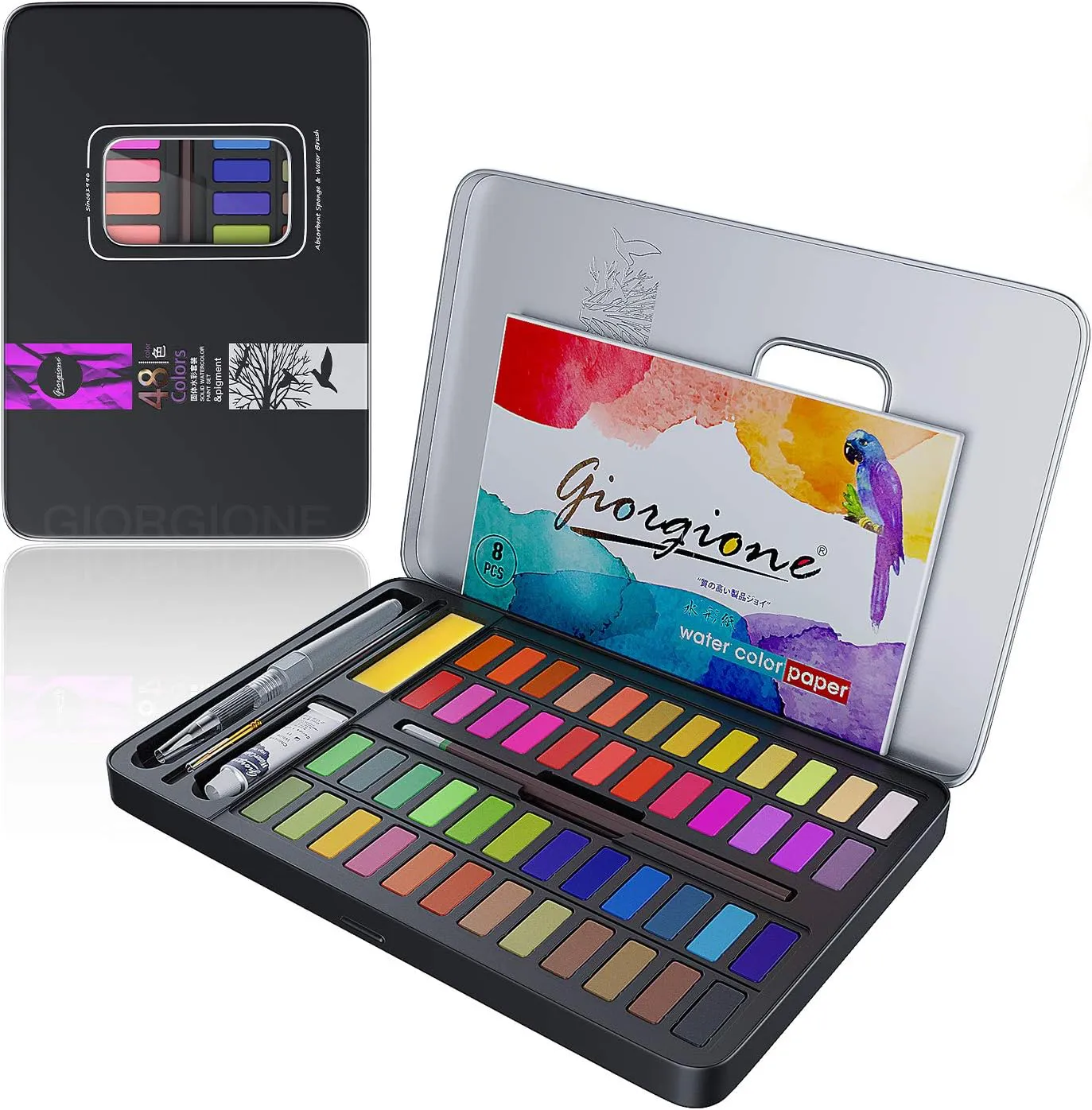 Bild von Honmax Aquarellfarbkasten Set mit 48 Wasserfarben, Wassertankpinsel, Pinsel, Zeichenstift, Aquarellpapier und Schwamm