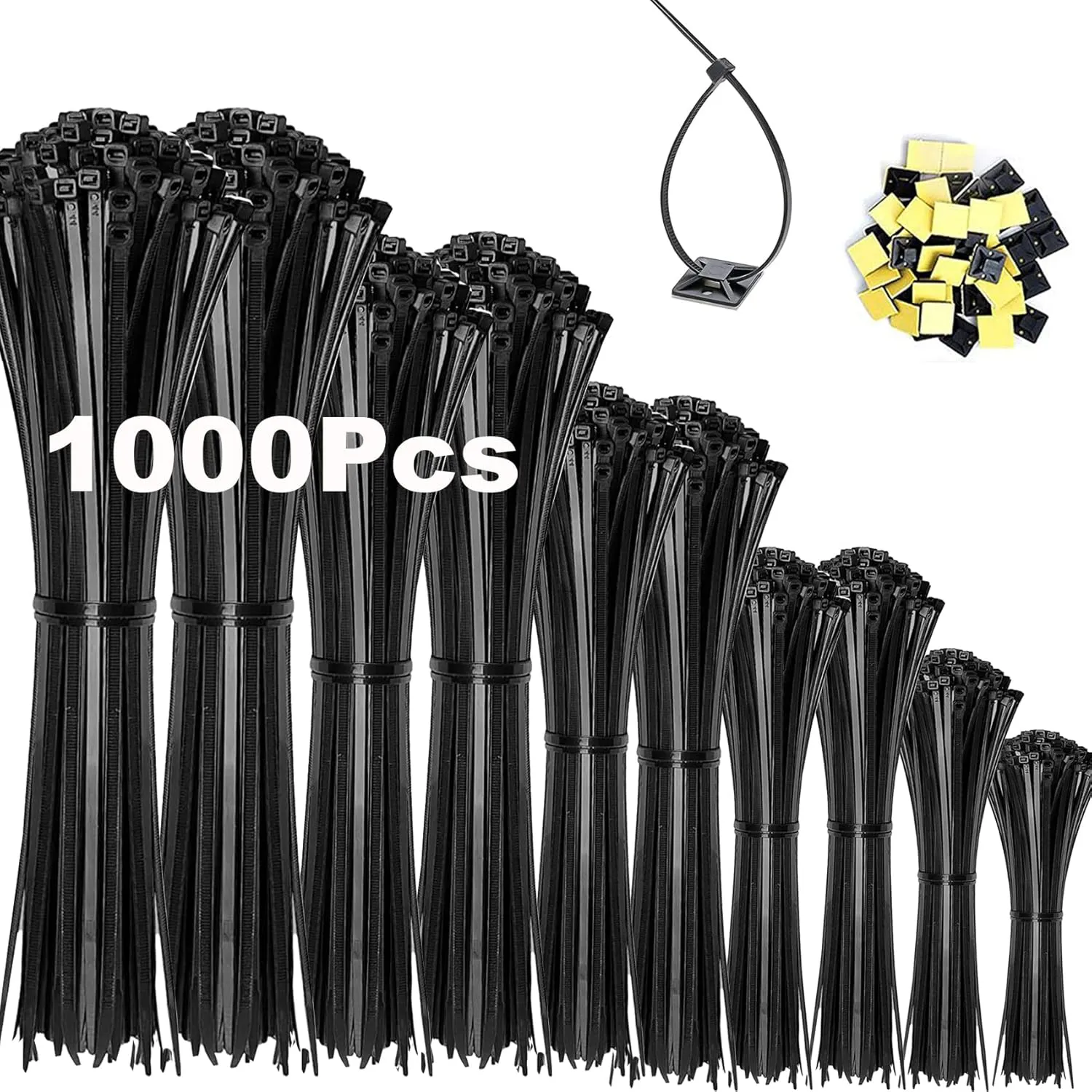 Bild von Honyear Kabelbinder Set mit 1000 Stück in Schwarz, inklusive 20 Klebesockeln, in Längen von 100 bis 300 mm, UV- und hitzebeständig