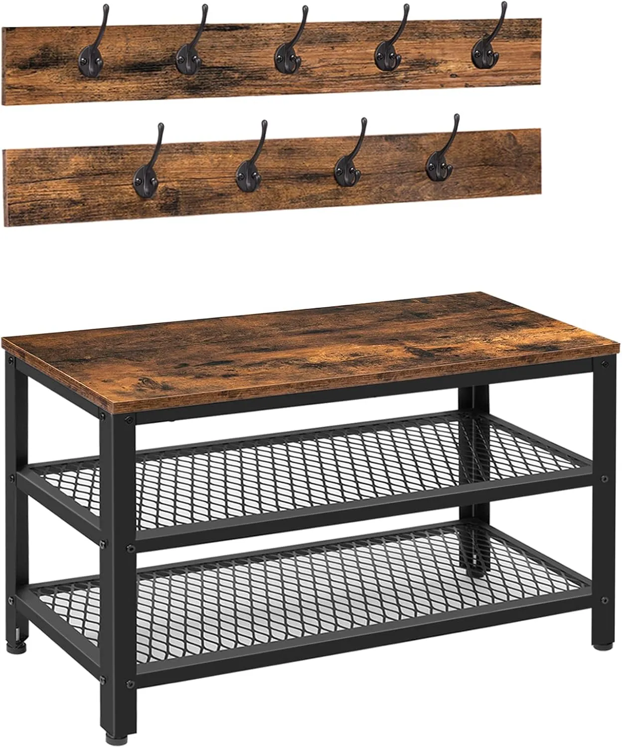 Bild von HOOBRO Garderobe Set EBF17MT01 mit Sitzbank, Schuhregal und 9 Haken im Industriestil in Dunkelbraun-Schwarz