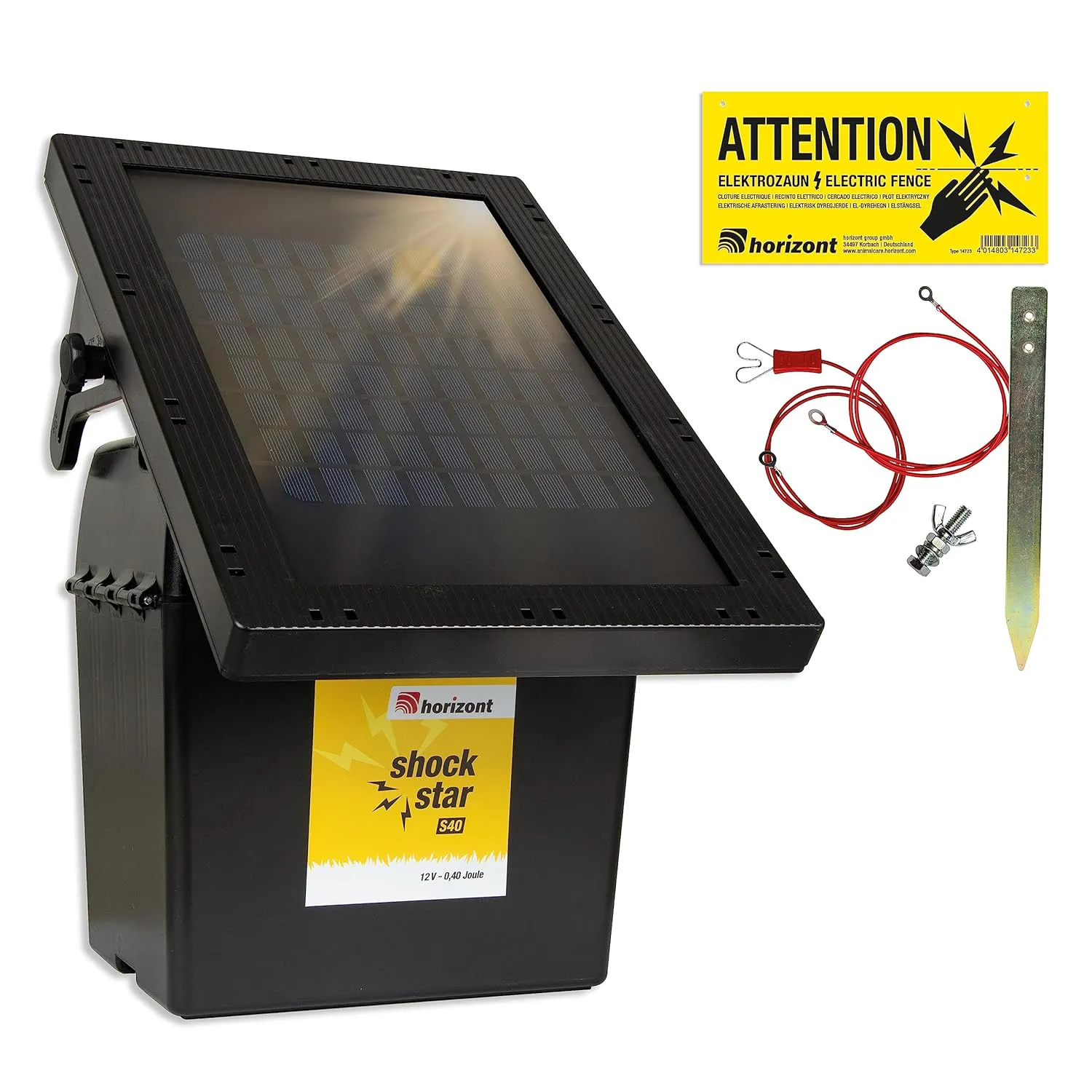 Bild von Horizont Solar Weidezaungerät Shockstar S40 mit 5 Watt Solarpanel für Zäune bis 5 km, geeignet für Pferde, Rinder, Schafe, Katzen und Hunde, mit 3-stufiger LED-Anzeige und Stromsparschaltung