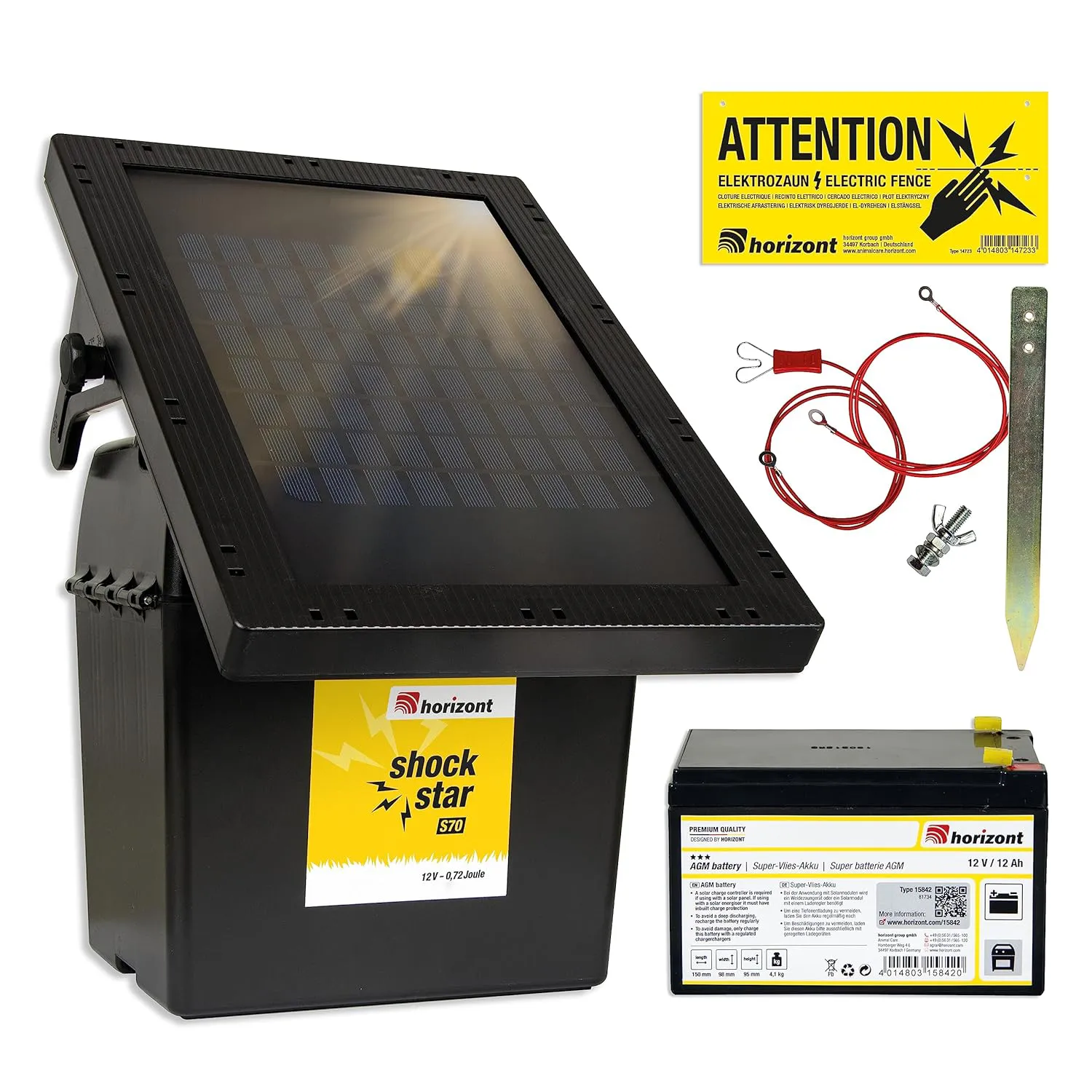 Bild von Horizont Solar Weidezaungerät Shockstar S70 mit 10 W Solarpanel und 12 Ah Akku für Zaunlängen bis 12 km und 11500 V Spannung