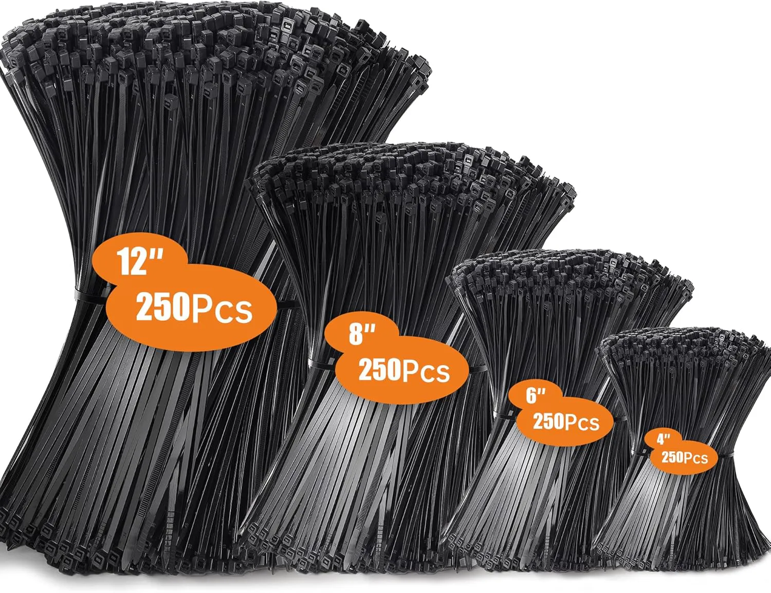 Bild von Hosuni Set mit 1000 schwarzen Kabelbindern in verschiedenen Größen von 100 bis 300 mm, UV-beständig, ideal für Kabelmanagement und Gartenarbeit