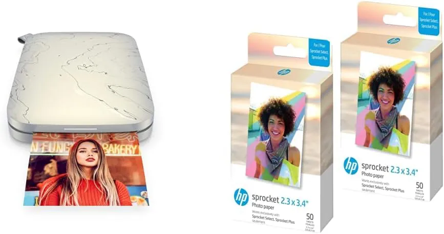 Bild von HP Sprocket Sofortbilddrucker in Weiß mit 100 Blatt Premium Fotopapier für Sprocket Select und Plus