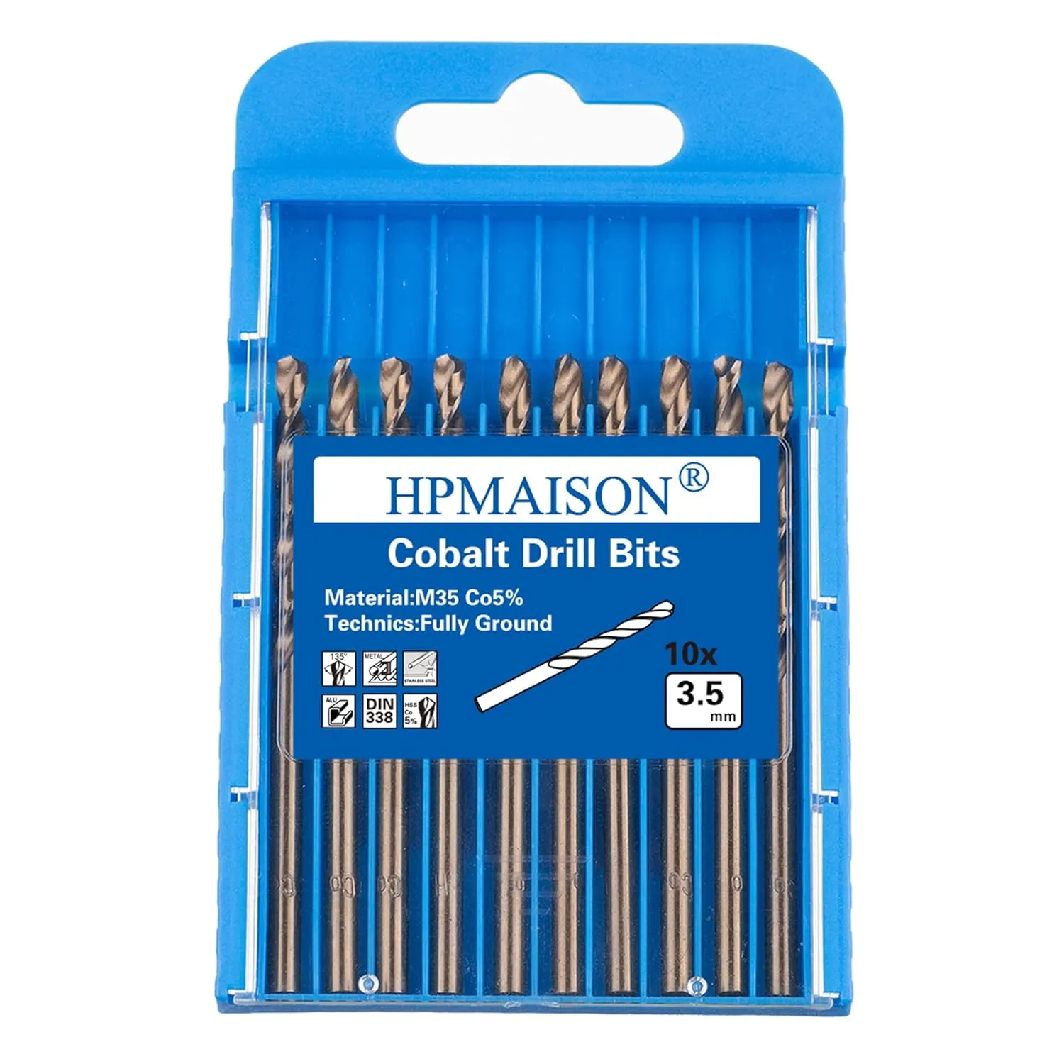 Bild von HPMAISON 10-teiliges Kobalt Bohrer Set M35 für Edelstahl und harte Stähle, 3,5 mm x 70 mm