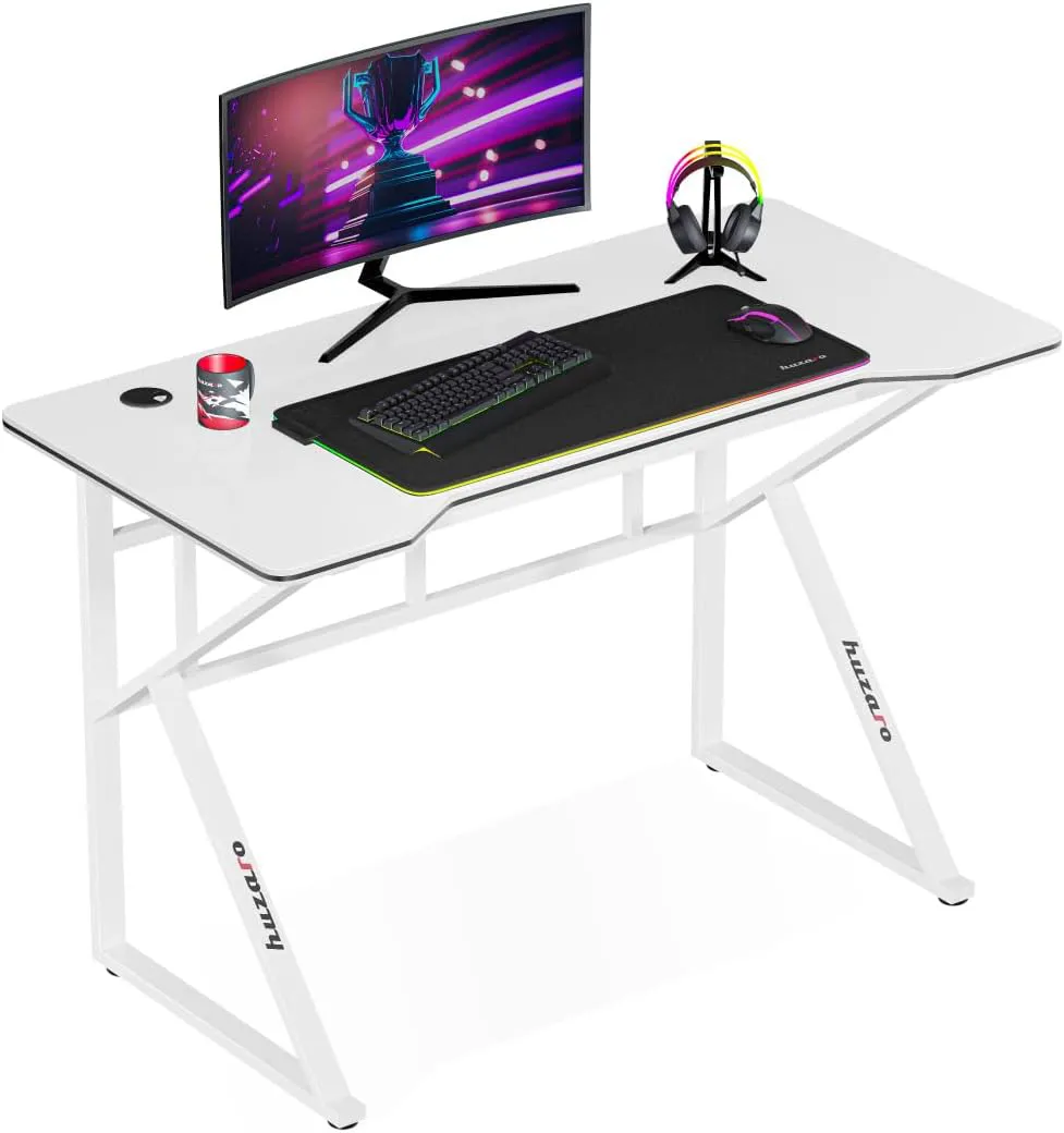 Bild von Huzaro Hero 1.6 White Gamingtisch mit 120 x 60 cm, zwei Kabeldurchführungen und stabiler Stahlkonstruktion mit Carbon Tischplatte in Weiß