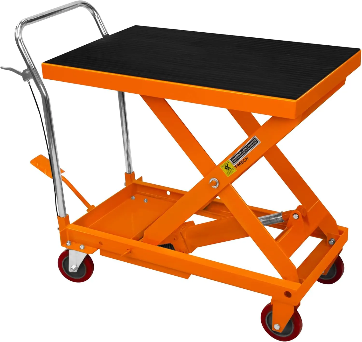 Bild von Hydraulischer Hubtisch mit 500 kg Tragkraft und mobil, 81 cm x 51 cm, Höhenverstellbar von 29 bis 78 cm, mit Fuß- und Handpedal sowie abnehmbarer Gummimatte und 4 Rädern, davon 2 abschließbar