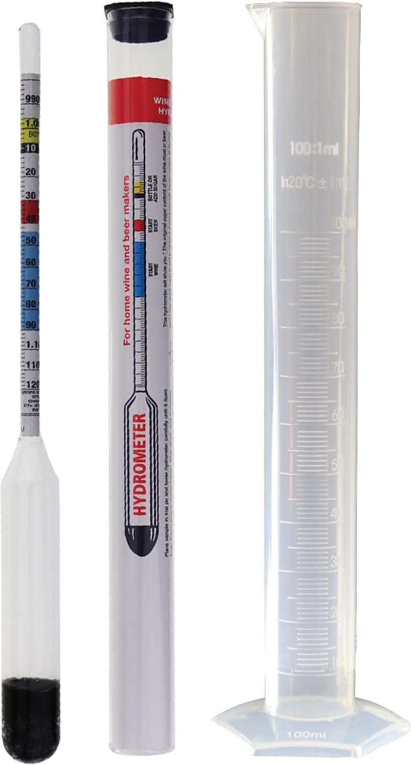 Bild von Hydrometer Alkoholmessgerät für Wein und Bier mit Messzylinder und 100 ml Probenglas