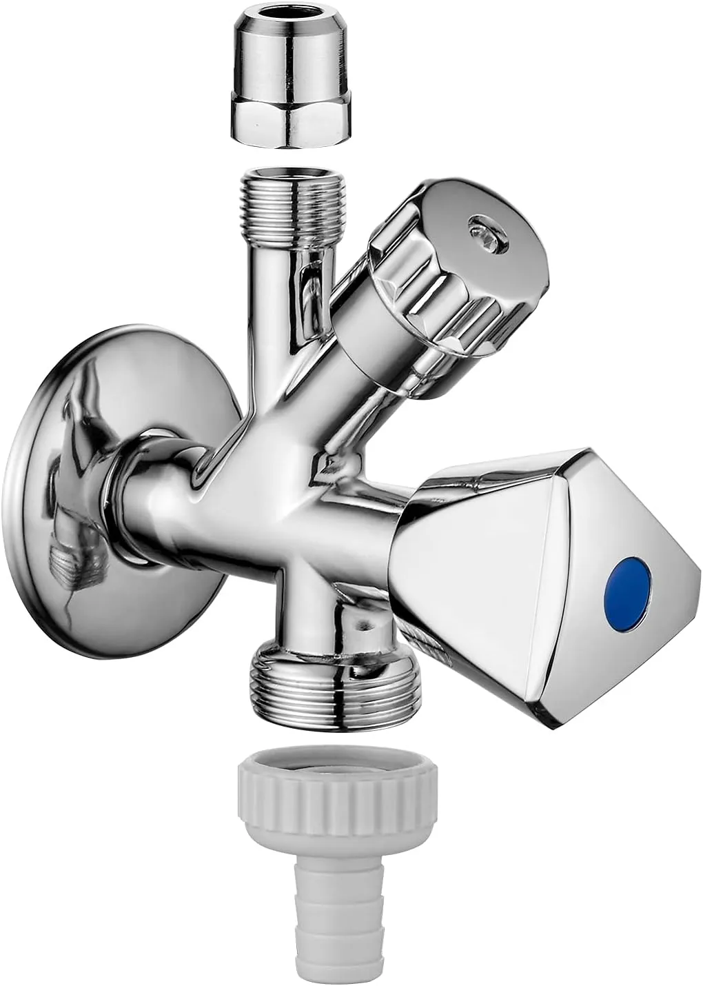 Bild von Ibergrif Kombi Eckventil mit 1/2 Zoll Wandanschluss und 3/8 Zoll Schlauchanschluss in Chrom Silber, selbstdichtend und mit Spülmaschinenanschluss