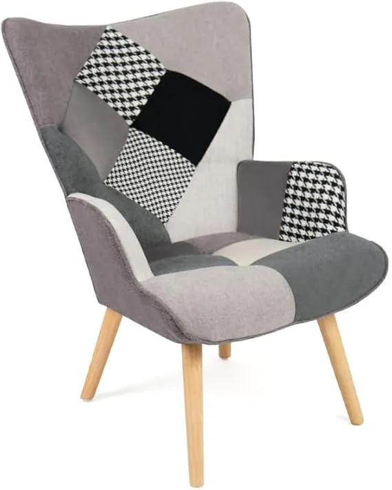 Bild von IDMarket Ivar Sessel im skandinavischen Design aus Patchworkstoff in Schwarz, Grau und Weiß