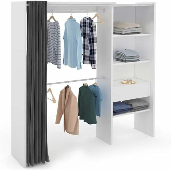 Bild von IDMarket Marty ausziehbarer Kleiderschrank in Weiß und Grau mit Vorhang, 120 bis 170 cm breit, 50 cm tief und 180 cm hoch, inklusive Einlegeböden