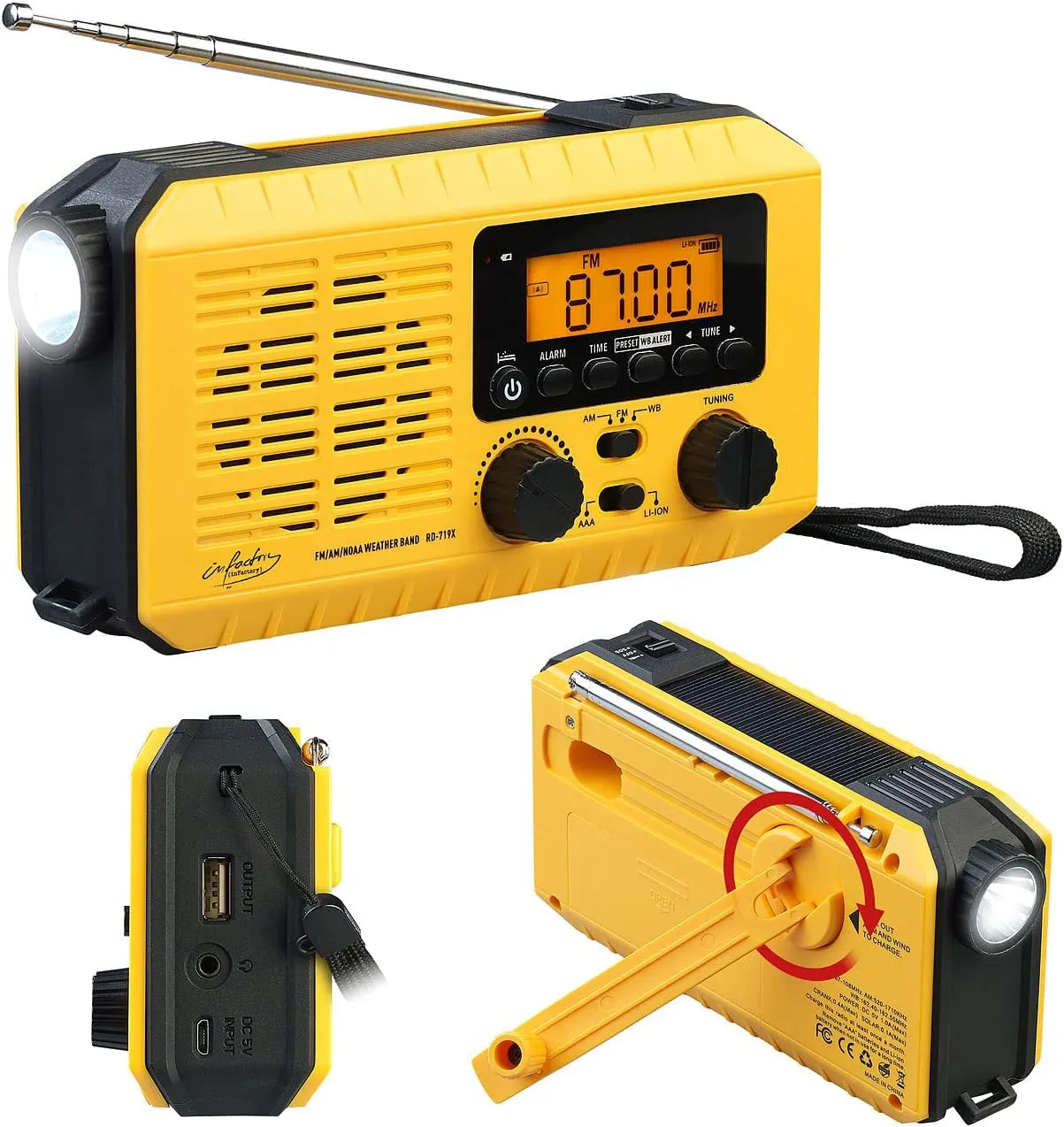 Bild von infactory Notfallradio mit Solar- und Dynamo-Antrieb, LED-Licht, SOS-Funktion, Powerbank und LCD-Display