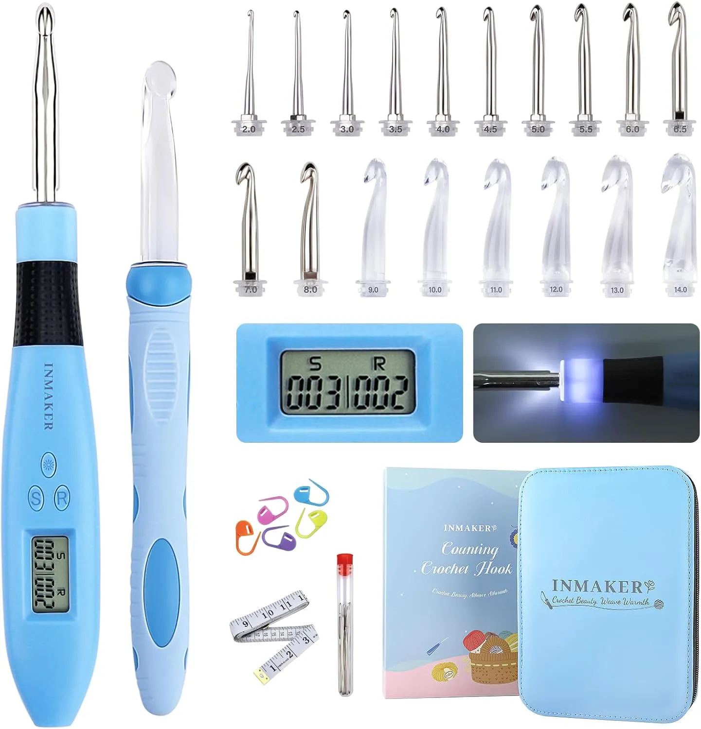 Bild von INMAKER Häkelnadel Set mit Zähler, 18 in 1 ergonomische LED Häkelnadeln