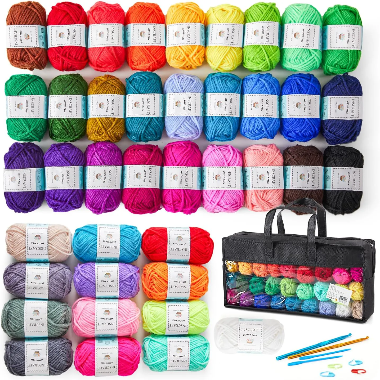 Bild von Inscraft 48-teiliges Häkelwolle Set mit 1400 Yards Garn in 40 Farben, 2 Häkelnadeln, 2 Stricknadeln und Aufbewahrungsbox für Anfänger