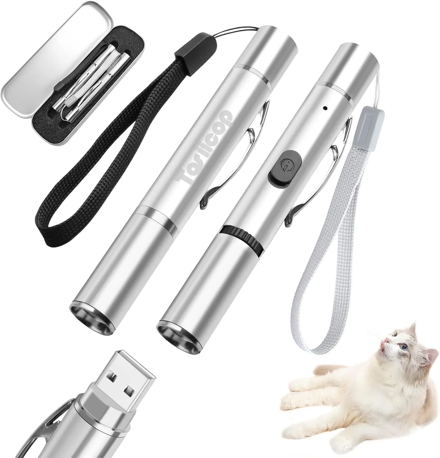 Bild von Interaktives Katzenspielzeug Set mit 2 LED Pointern in Grün und Rot, USB wiederaufladbar und 5 Mustern für Katzen und Hunde