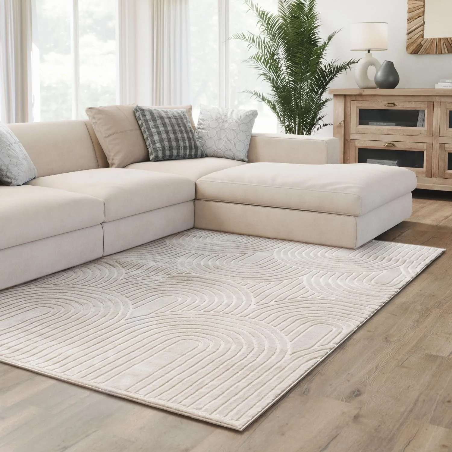 Bild von Interiyou Cannes Teppich 240x340 cm in Creme mit skandinavischem Boho Muster und 3D Hoch-Tief Effekt