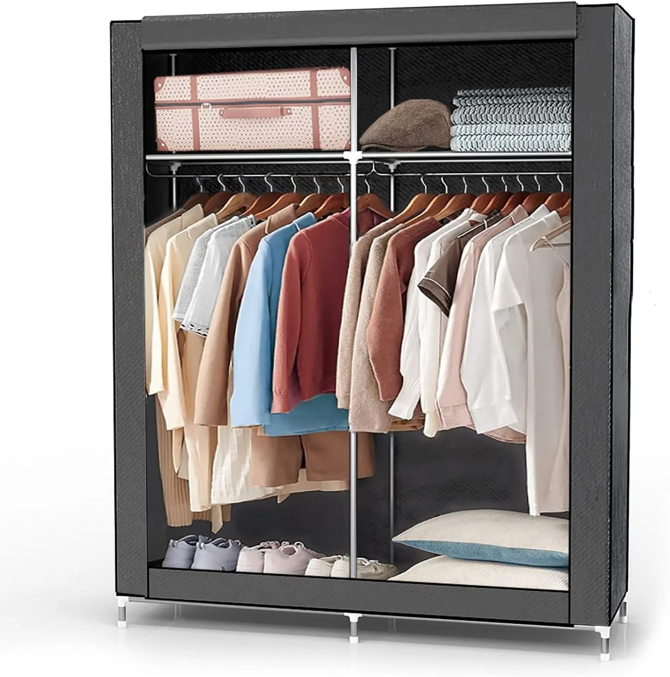 Bild von INTIRILIFE Faltschrank in Grau mit den Maßen 108x45x170 cm, ausgestattet mit Reißverschluss, Kleiderstange, Seitentasche und Fächern.