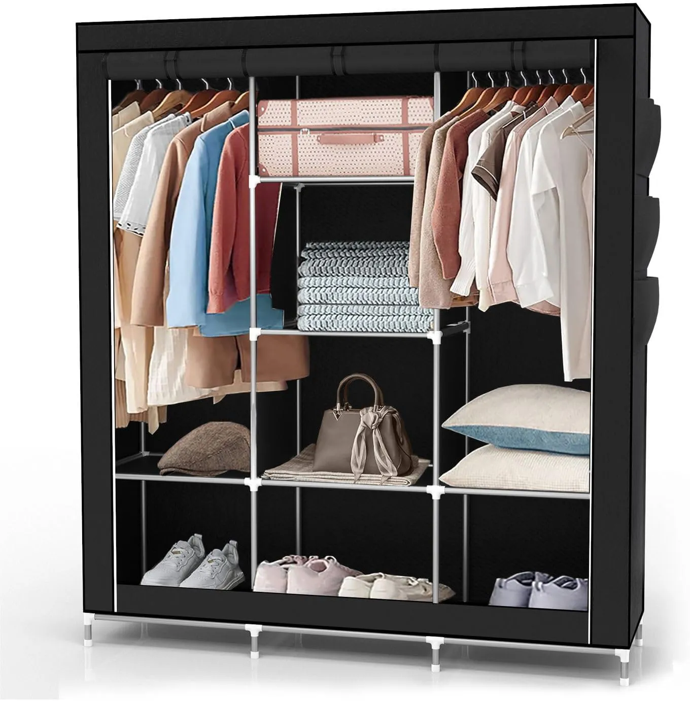 Bild von INTIRILIFE Faltschrank in Schwarz mit Reißverschluss, 130x175x45 cm, inkl. Kleiderstange, Fächern und Seitentasche