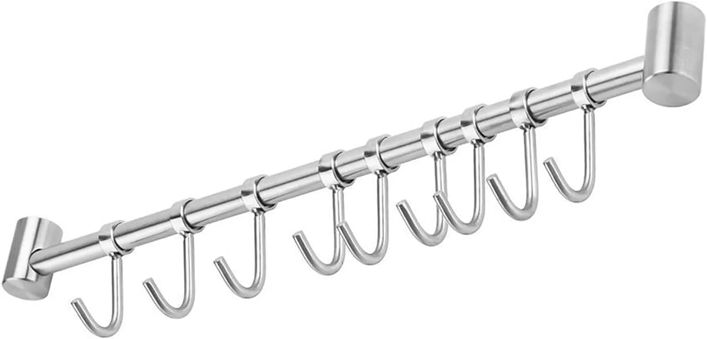 Bild von INTIRILIFE Küchen Hängeleiste aus Edelstahl mit 9 beweglichen Haken, 49,8 x 3,4 x 2,2 cm