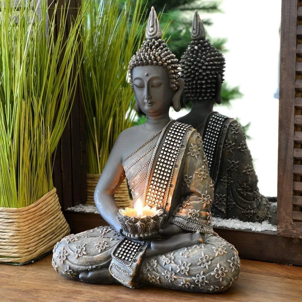 Bild von INtrenDU Buddha Statue mit Teelichthalter aus Harz in 31 cm und mehrfarbig