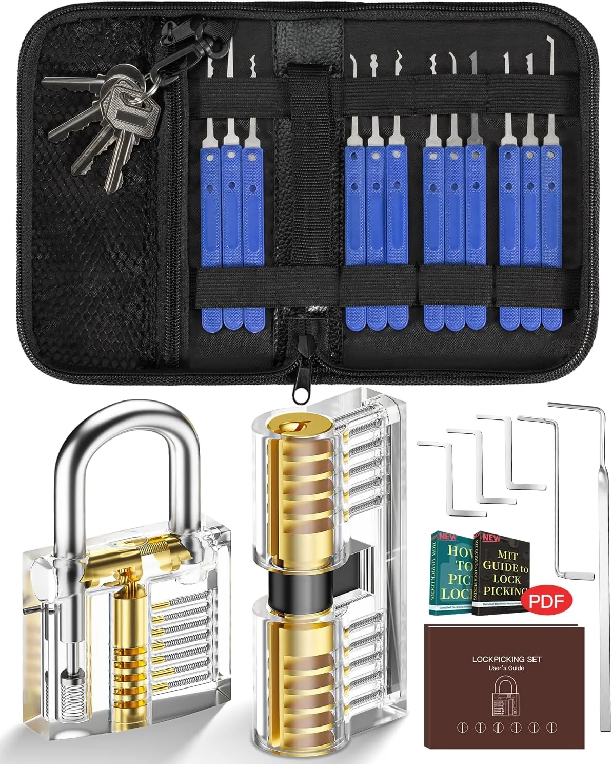 Bild von IPSXP Lockpicking Set mit 25 Teilen inklusive 2 transparenten Trainingsschlössern und Ledertasche, ideal für Anfänger und Profis
