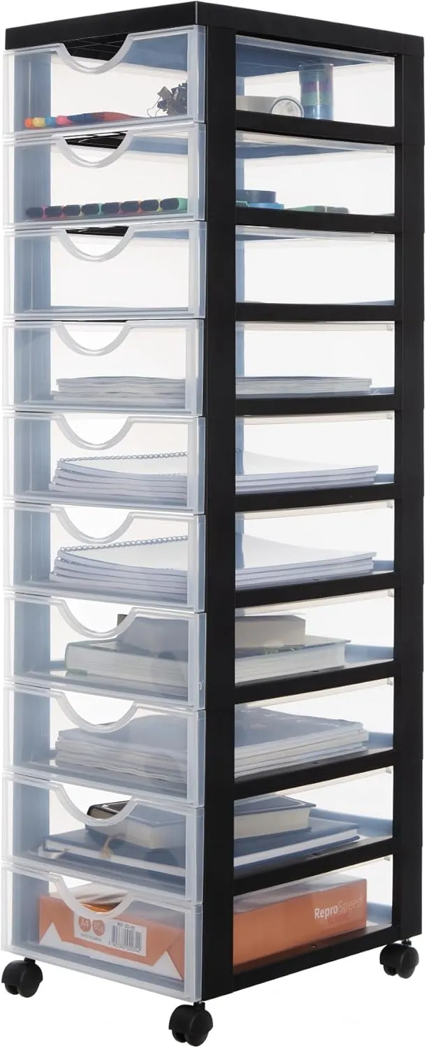 Bild von Iris Ohyama Rollcontainer mit 10 flachen Schubladen in Schwarz, BPA-frei, ideal für Schlafzimmer, Schule und Büro, Modell DDDC-010