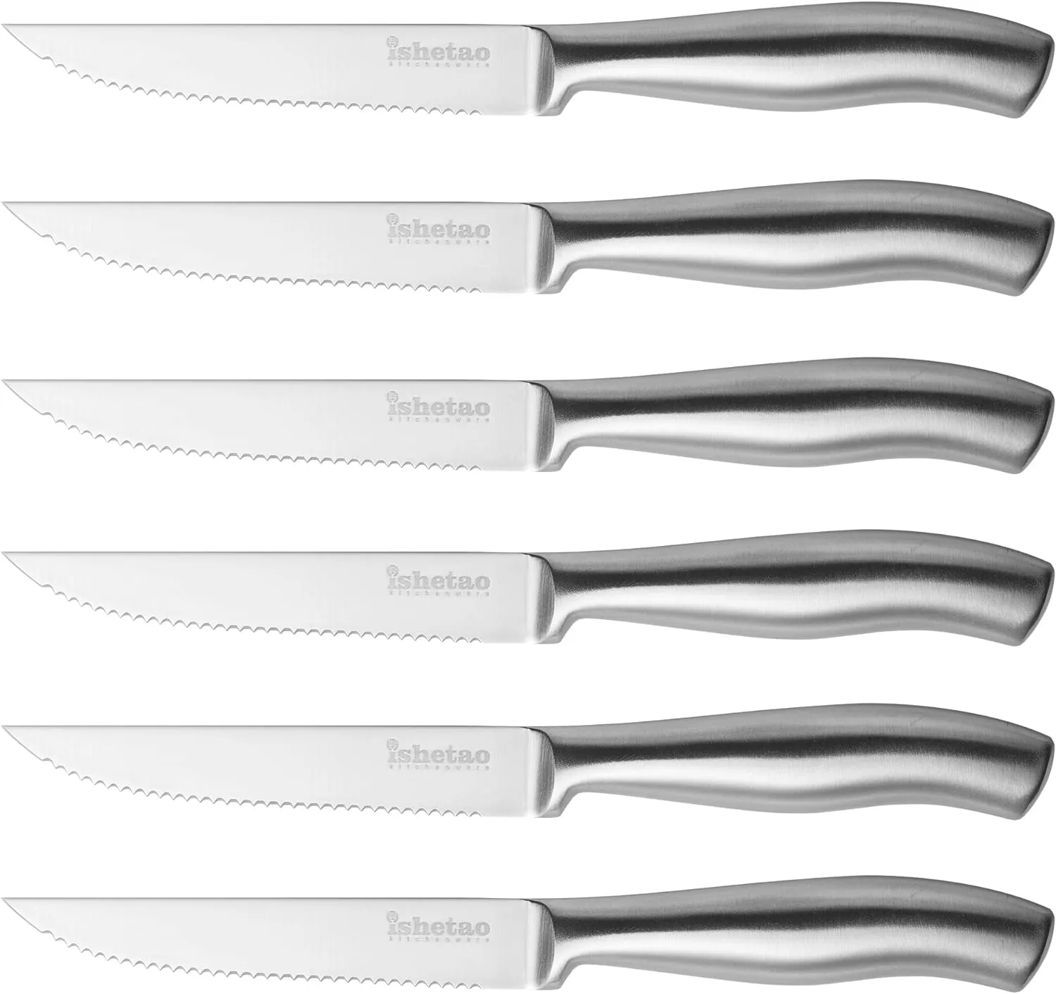 Bild von isheTao 6-teiliges Steakmesser-Set mit 12 cm langen, rostfreien Klingen und Wellenschliff, spülmaschinengeeignet
