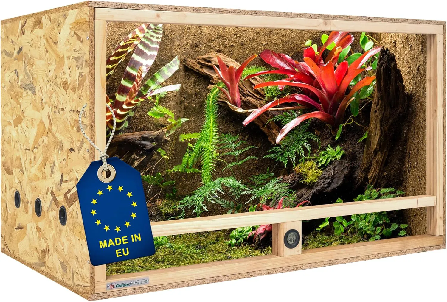 Bild von ITA Holzterrarium mit den Maßen 120x60x60 cm, Seitenbelüftung und integriertem Hygrometer, geeignet für Reptilien und Amphibien, aus FSC zertifiziertem OSB-3 Material