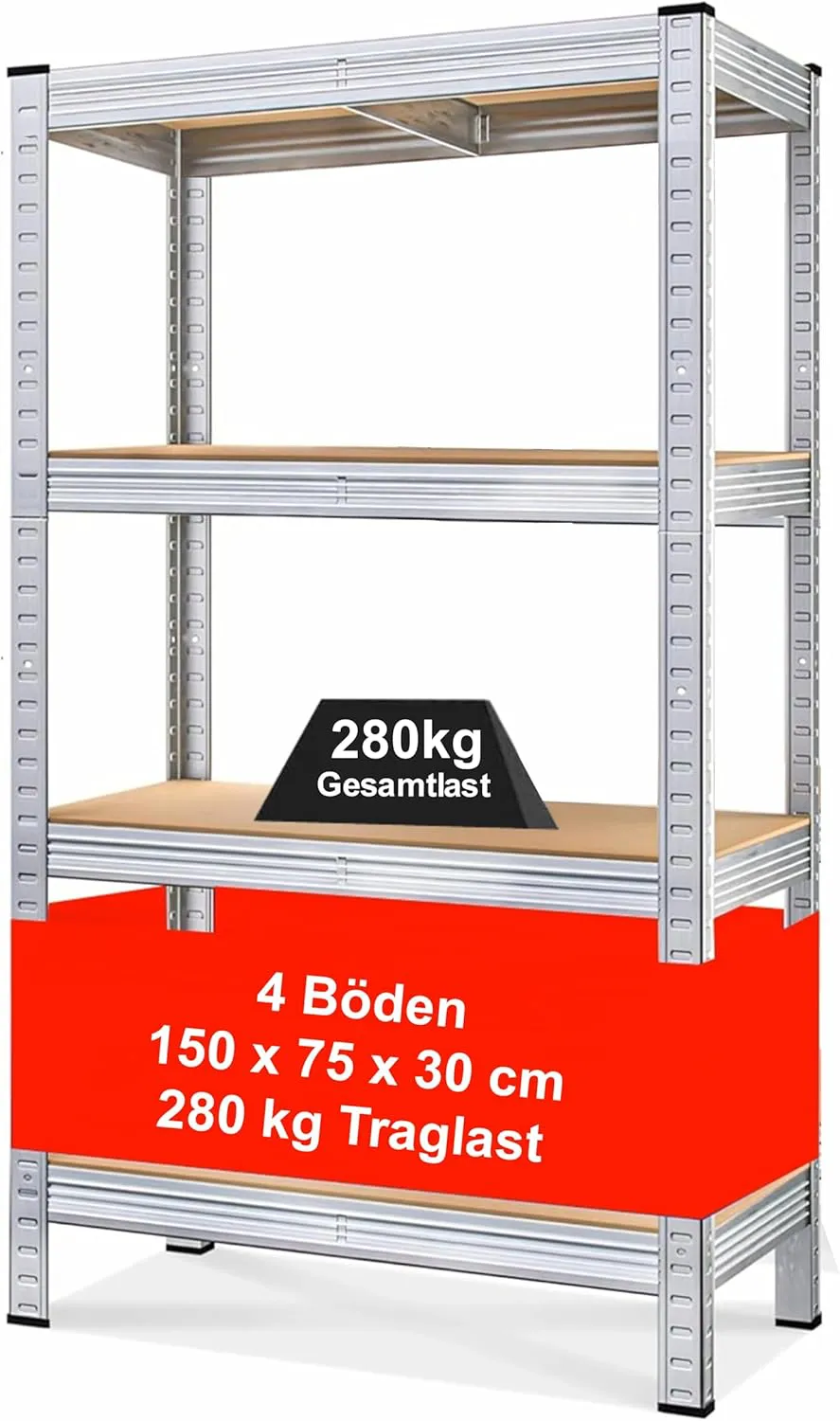 Bild von Izzy 1 Metallregal mit 4 Böden, 150 x 75 x 30 cm, 280 kg Tragkraft, einfach montierbar