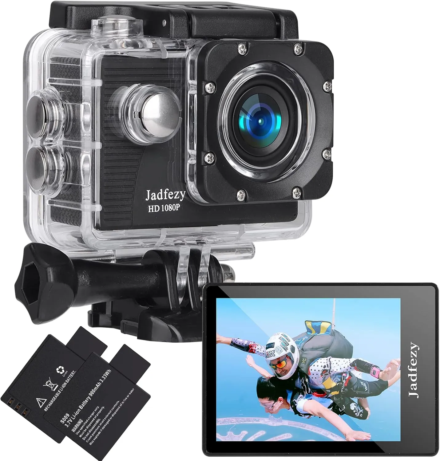 Bild von Jadfezy Action Cam FHD 1080P mit 12 MP und 140 Grad Weitwinkel, wasserdicht bis 30 Meter, inkl. zwei 900 mAh Akkus und Zubehör-Set
