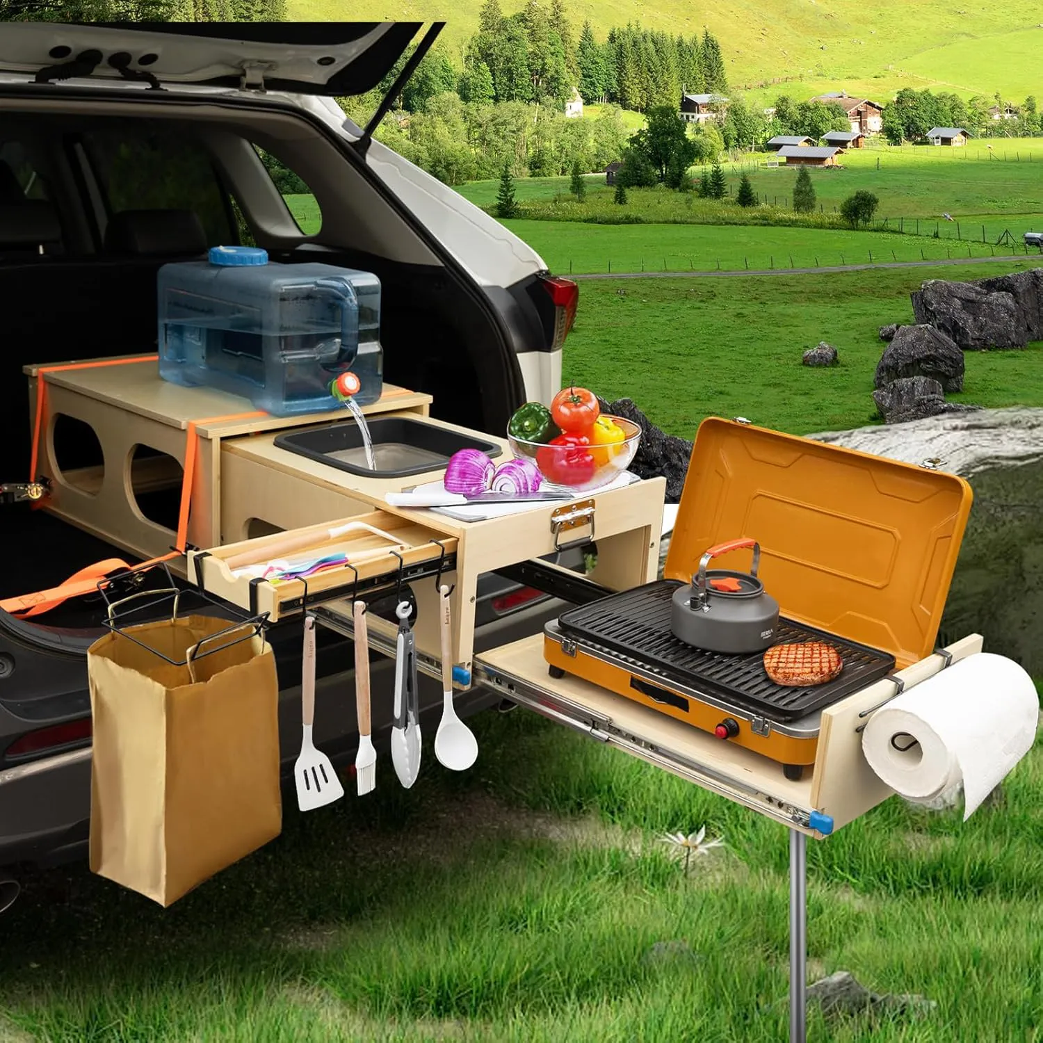 Bild von JAGAHAHA faltbare Campingküche mit Müllbeutelhalter und Aufbewahrungsschublade, ideal für SUV und Van Ausbau
