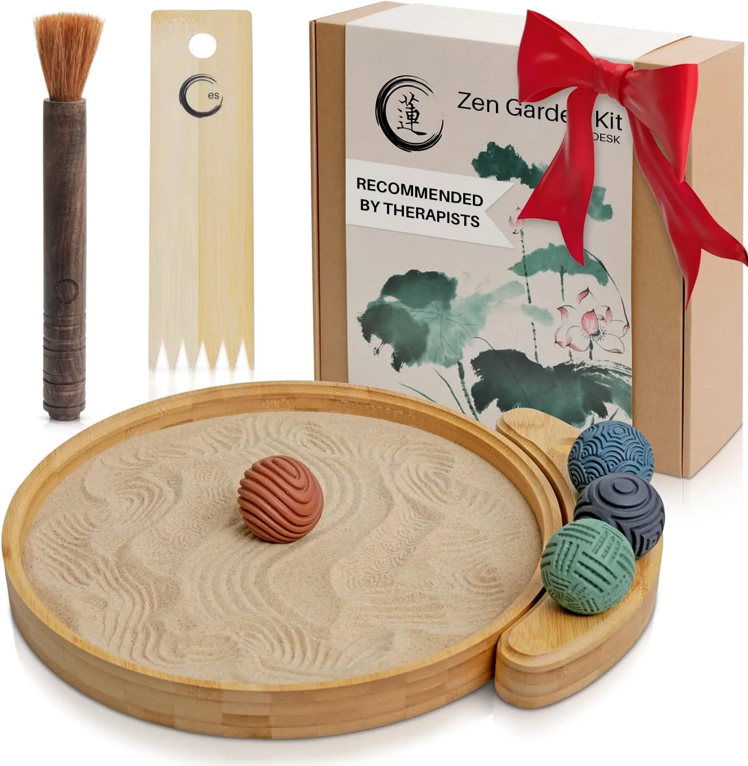 Bild von Japanisches Zen Garten Set für den Schreibtisch mit großem 12 Zoll Bambus Tablett, 4 Stempel Kugeln, natürlichem Sand und Rechen für Meditation und Dekoration