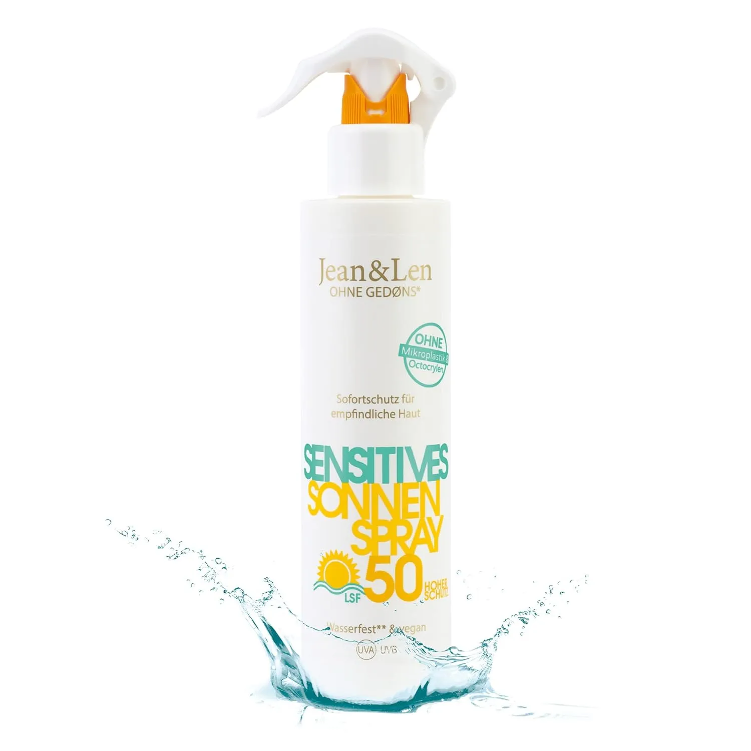 Bild von Jean & Len Sensitiv Sonnenspray mit 50 LSF, wasserfest, vegan, 250 ml
