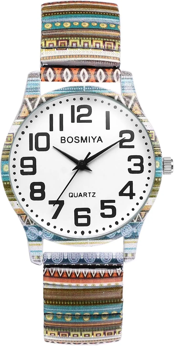 Bild von JewelryWe Damen Armbanduhr aus Edelstahl im Vintage Boho Stil mit elastischem Stretcharmband und großen arabischen Zahlen