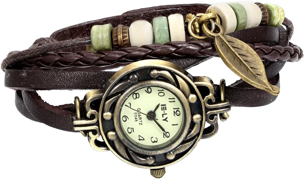 Bild von JewelryWe Damen Armbanduhr mit geflochtenem Lederarmband und Baumblatt Anhänger