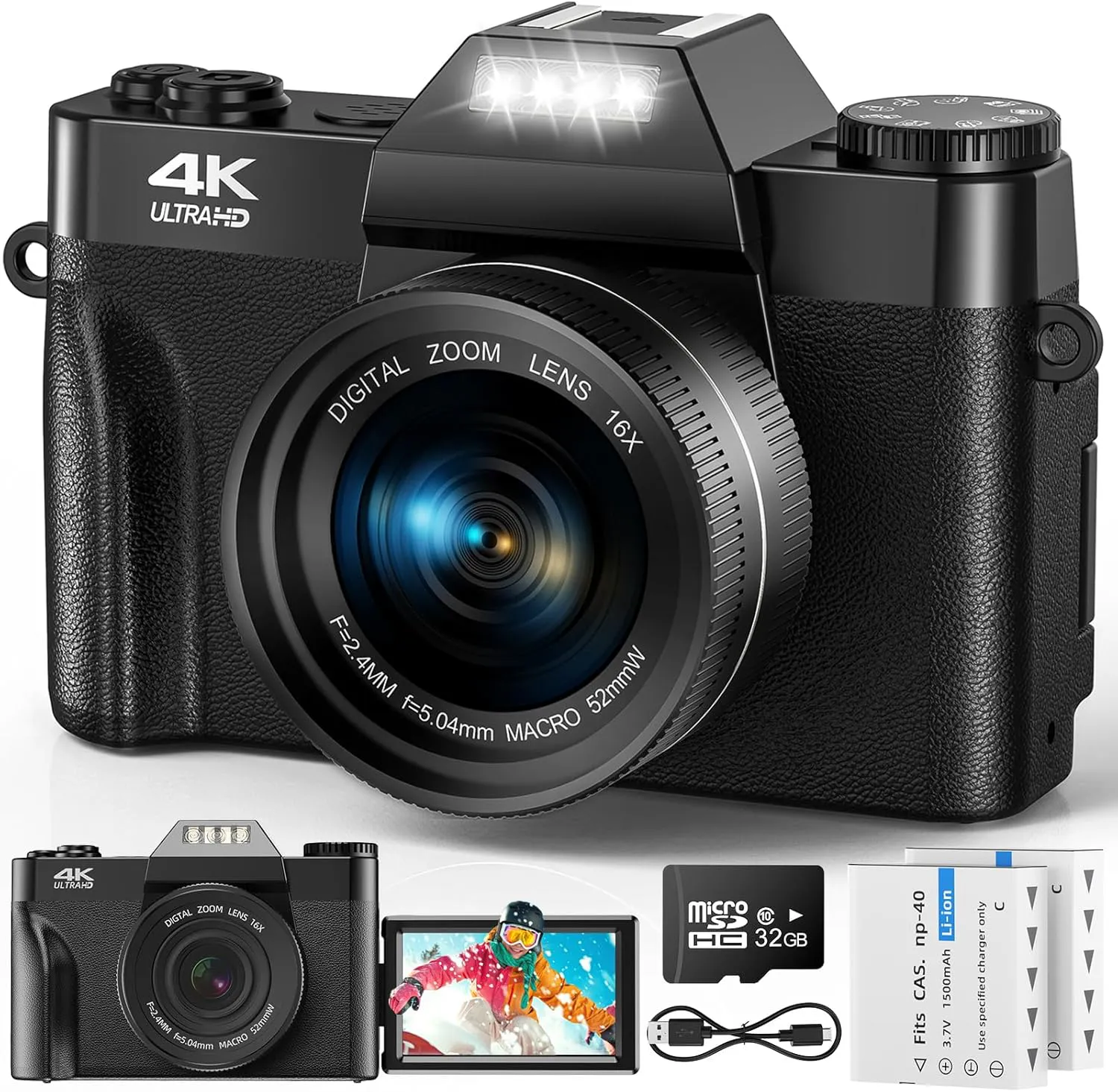 Bild von JHAMAL 4K Digitalkamera mit 56 MP, 3 Zoll Flip Bildschirm, 16-fachem Digitalzoom und 32 GB Micro SD Karte, inklusive zwei 1500 mAh Akkus