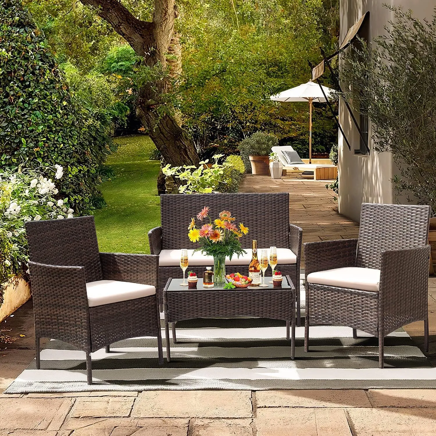 Bild von JINPALAY Rattan Gartenmöbel Set für 4 Personen mit Sofa, Stühlen, Tisch und Sitzkissen