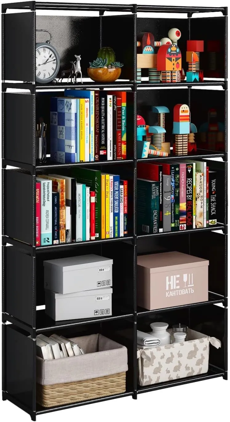 Bild von JIUYOTREE Bücherregal mit 10 Fächern in Schwarz für die Aufbewahrung von Büchern, Kleidung, Kisten und Spielzeug