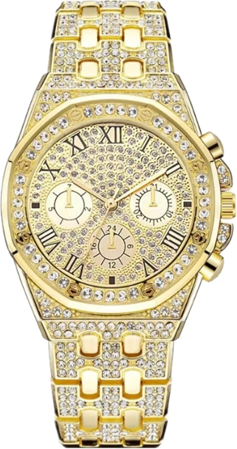 Bild von JOATVEE Herrenarmbanduhr mit 40 mm Breite und römischen Ziffern, analoge Quarzuhr mit strassbesetztem Metallband