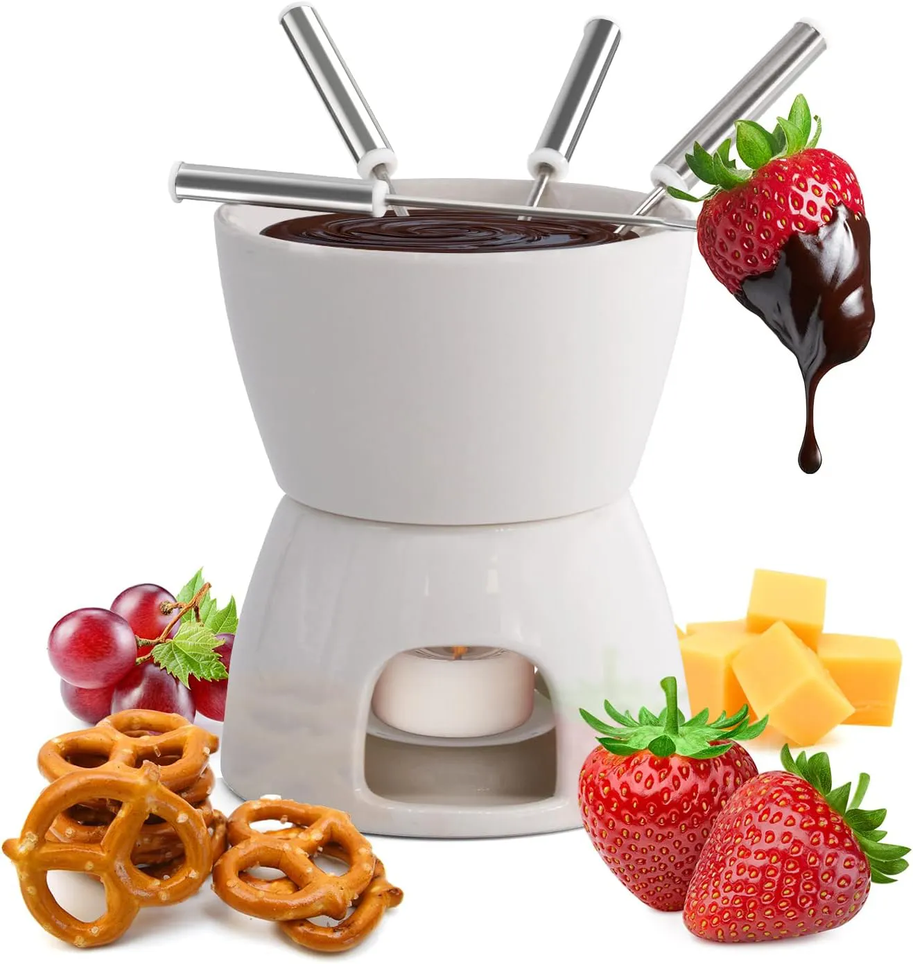 Bild von joeji's Kitchen Schoko Fondueset mit Keramiktopf, Teelicht und Gabel für Schoko- und Käsefondue