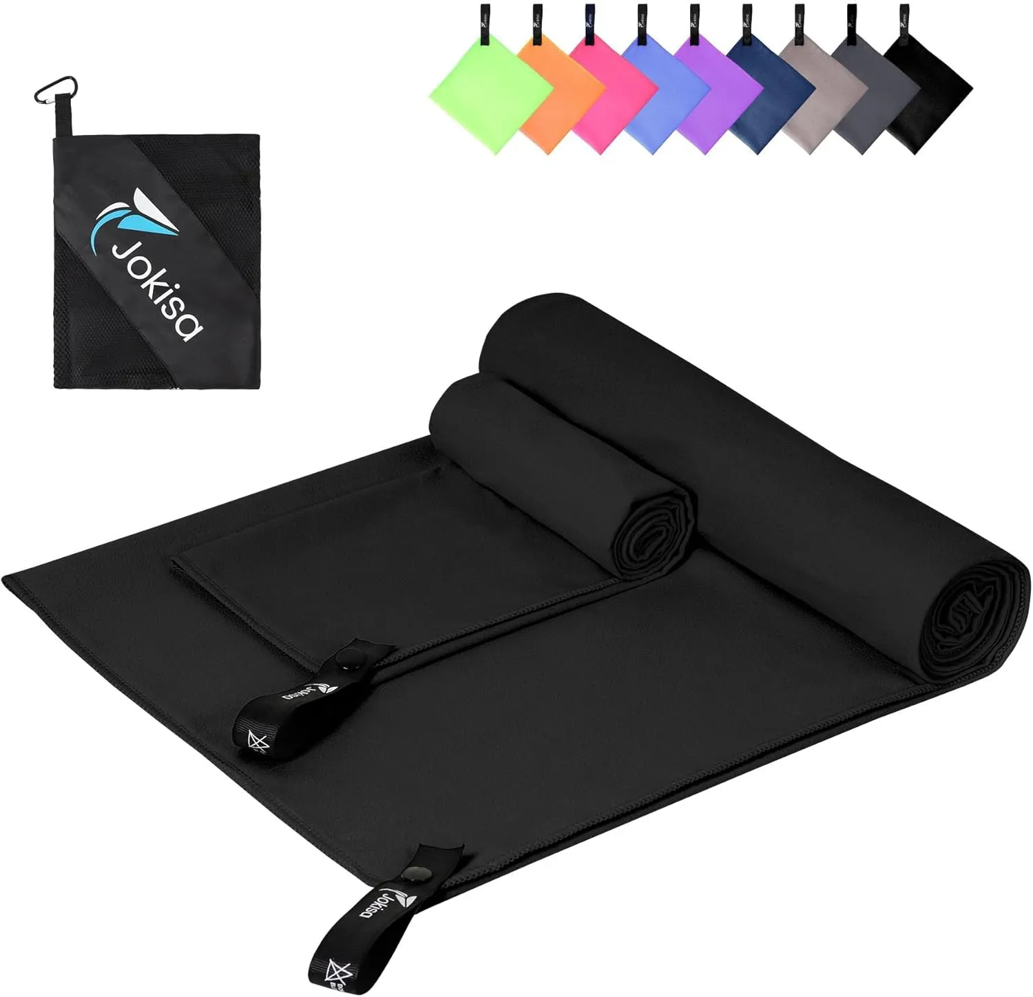 Bild von Jokisa Mikrofaser Handtuch Set mit zwei Tüchern in Schwarz, einem großen Strandtuch 180 x 90 cm und einem Sporthandtuch 80 x 40 cm, schnelltrocknend und sandfrei für Outdoor-Aktivitäten