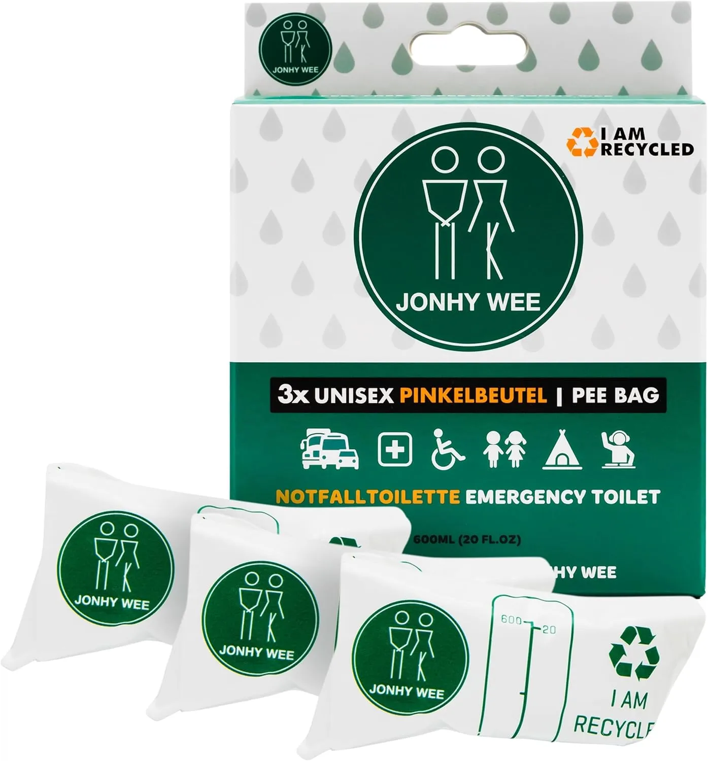 Bild von Jonhy Wee Pinkelbeutel Set mit 3 Stück, 600ml, tragbare Notfalltoilette für Frauen, Kinder und Männer, ideal für Reisen, Camping und Festivals