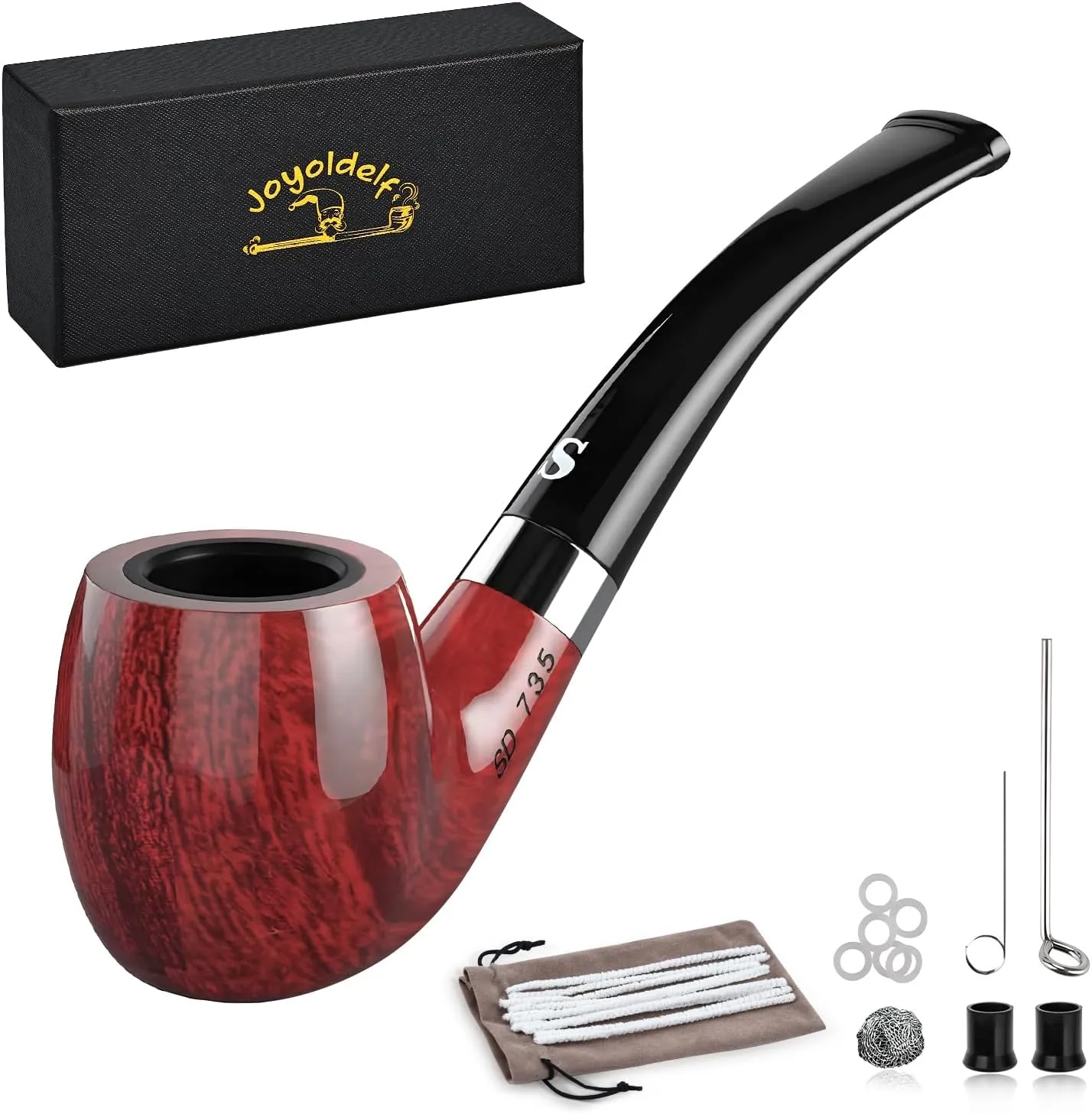 Bild von Joyoldelf Tabakpfeife Set mit gebogener Bakelit Pfeife, Flachboden und Reinigungswerkzeugen in Geschenkbox