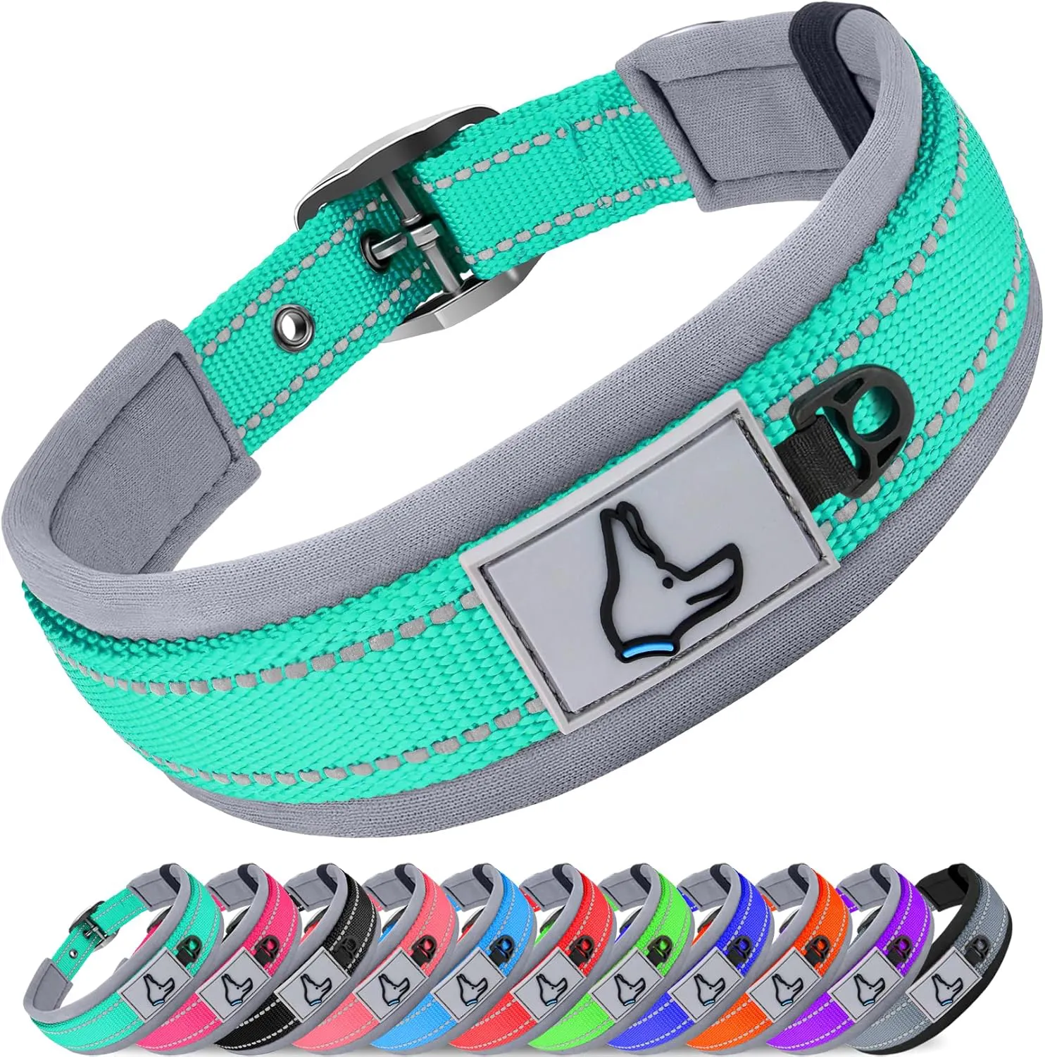 Bild von Joytale gepolstertes Neopren Hundehalsband in Türkis für mittlere Hunde, reflektierend und breit