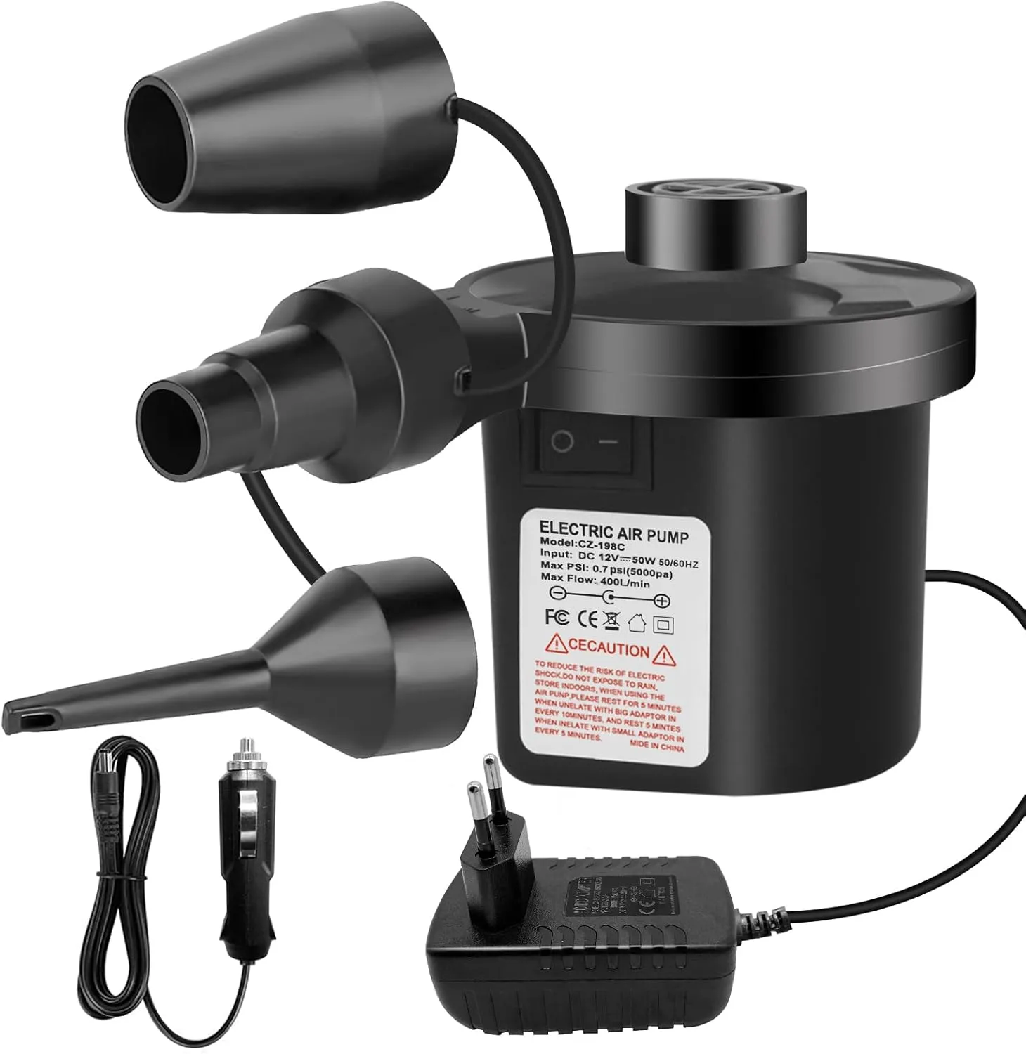 Bild von Jsdoin elektrische Luftpumpe 2 in 1 zum Aufblasen und Entleeren mit 3 Düsen für Matratzen und Schwimmartikel in Schwarz