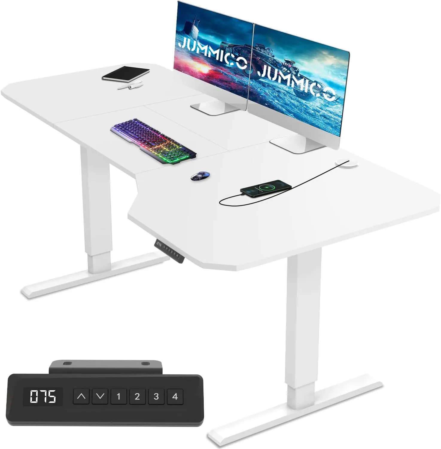Bild von JUMMICO elektrischer höhenverstellbarer Schreibtisch in Weiß, L-förmig, 160 x 70 cm mit Memory-Steuerung und Zubehör