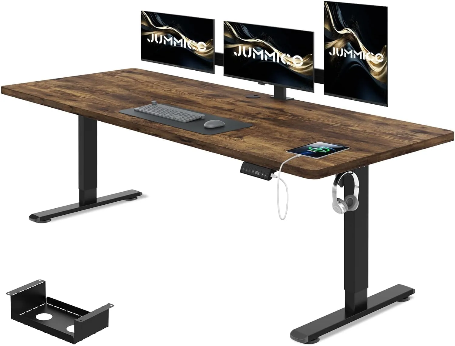 Bild von JUMMICO Höhenverstellbarer Schreibtisch 140 x 70 cm in Vintage-Braun mit USB-Buchse und Kabelwanne