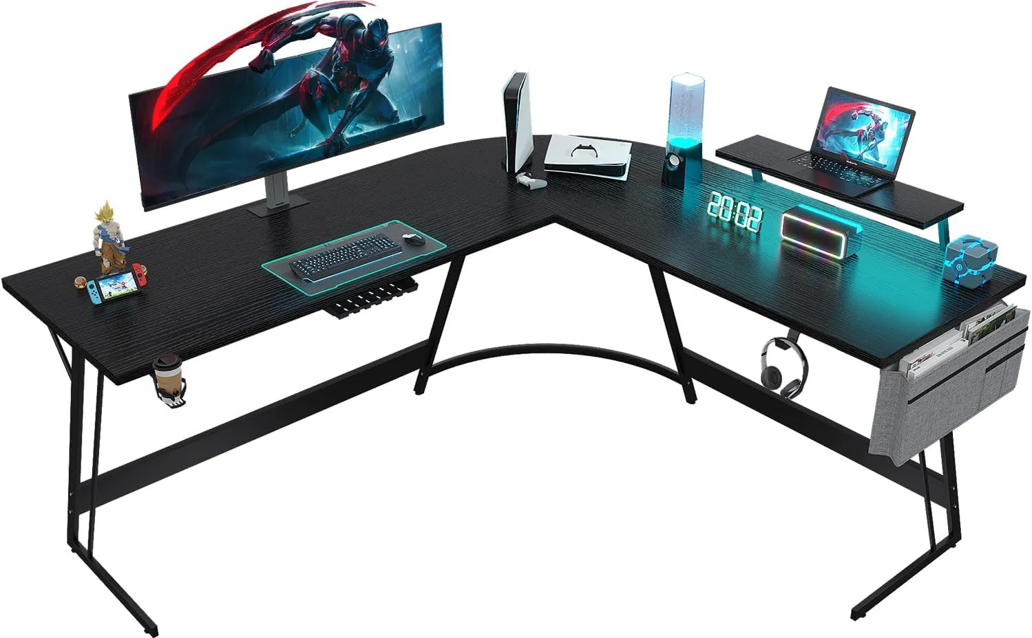Bild von JUMMICO L-förmiger Gaming Tisch 130x130 cm mit Monitorständer, Stauraum, Kabelmanagement, Tassenhalter und Kopfhörerhaken in Schwarz