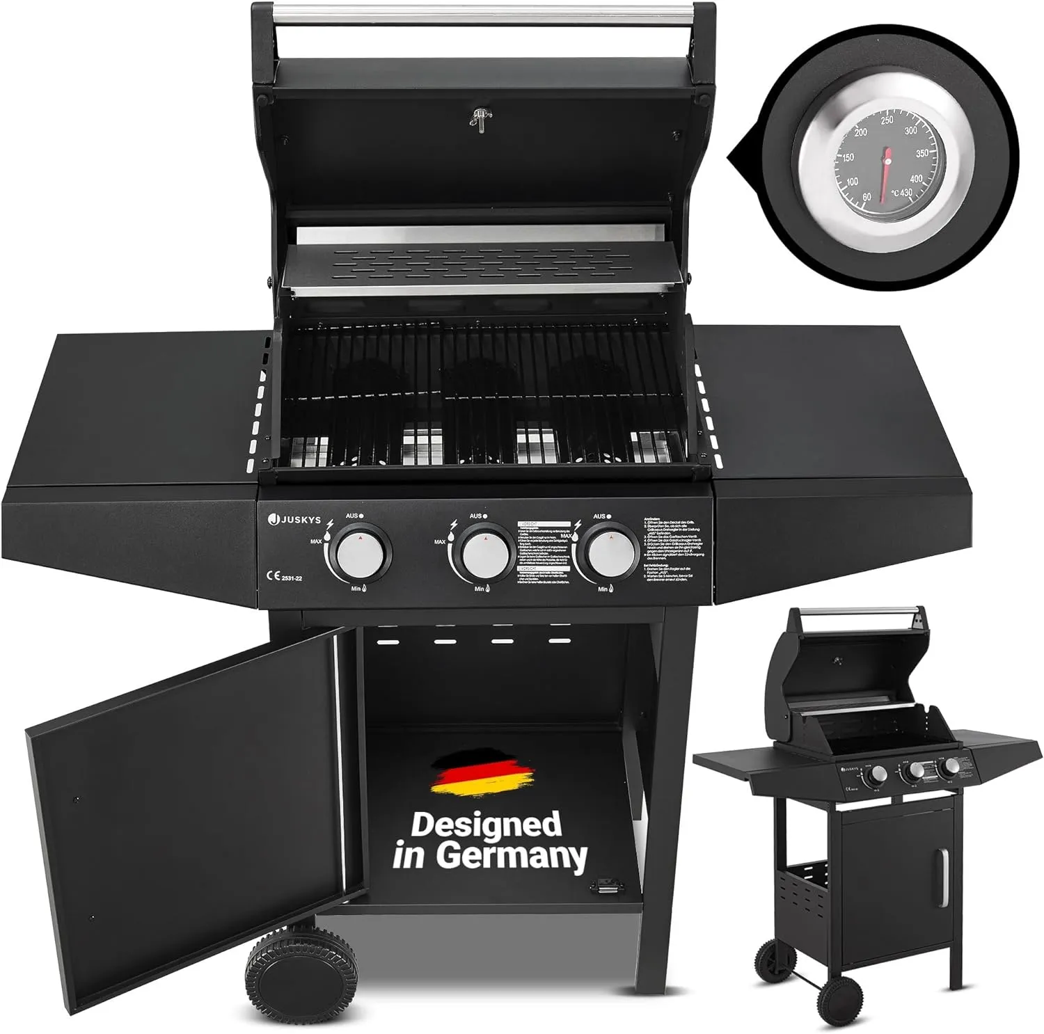Bild von Juskys BBQ Gasgrill Louisiana mit 3 Brennern und 8,1 kW Leistung, inklusive Grillrost, Deckel, Thermometer, Warmhalterost, Seitenablagen und Grillplane