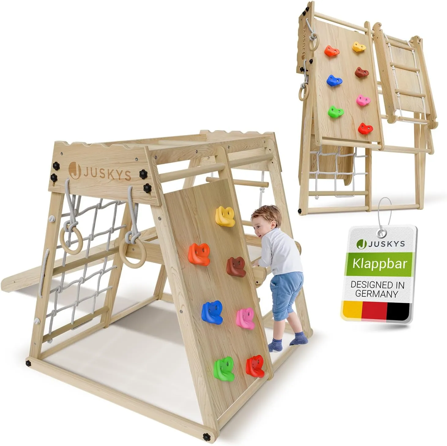 Bild von Juskys Mini Klettergerüst für Kinder mit Rutsche, Kletterwand, Kletternetz und Turnringen, klappbarer Holz Kletterturm in Naturfarbe