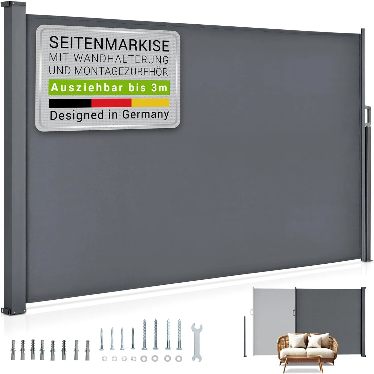 Bild von Juskys Seitenmarkise Dubai in Grau, ausziehbar und blickdicht, 160 x 300 cm, idealer Sichtschutz für Balkon und Terrasse mit Wandhalterung